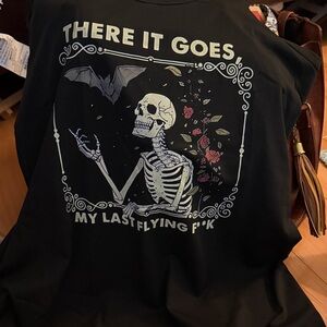 Black Graphic Tee with Skeleton and Bat Design